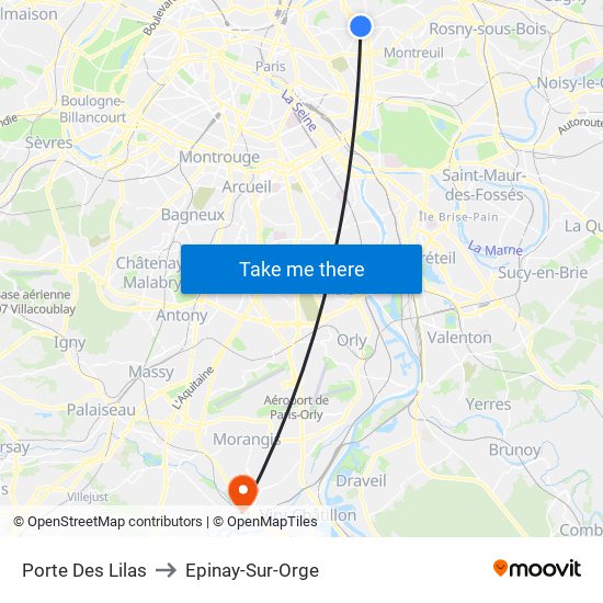Porte Des Lilas to Epinay-Sur-Orge map