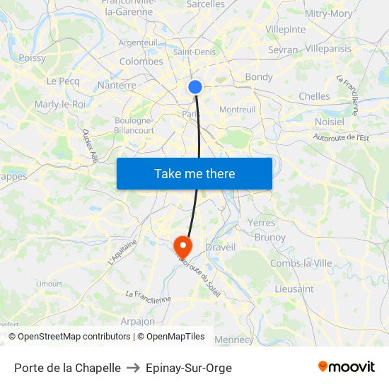 Porte de la Chapelle to Epinay-Sur-Orge map