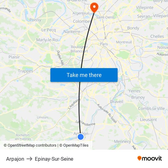 Arpajon to Epinay-Sur-Seine map