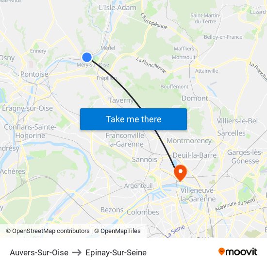 Auvers-Sur-Oise to Epinay-Sur-Seine map