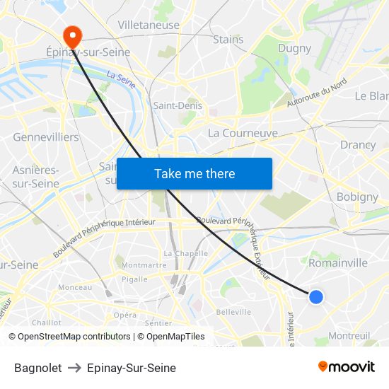 Bagnolet to Epinay-Sur-Seine map