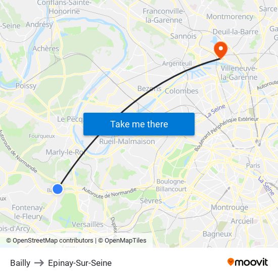Bailly to Epinay-Sur-Seine map