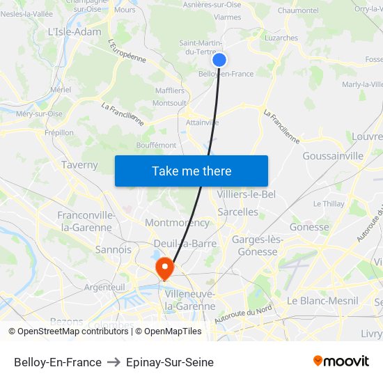 Belloy-En-France to Epinay-Sur-Seine map