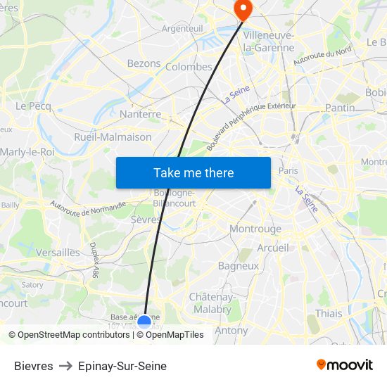 Bievres to Epinay-Sur-Seine map