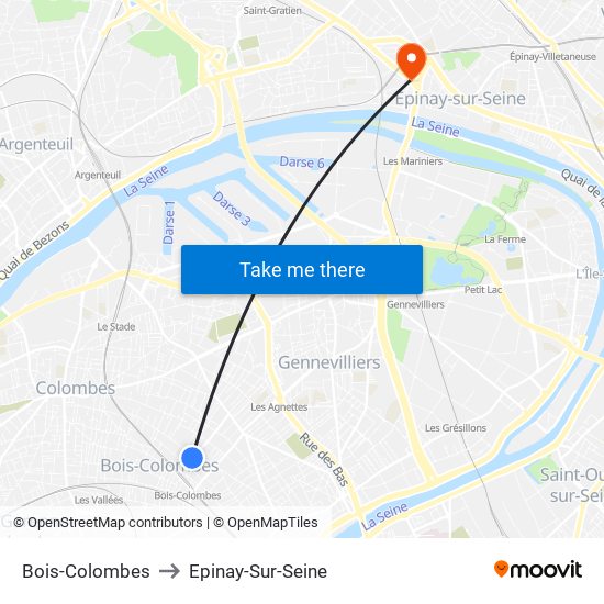 Bois-Colombes to Epinay-Sur-Seine map