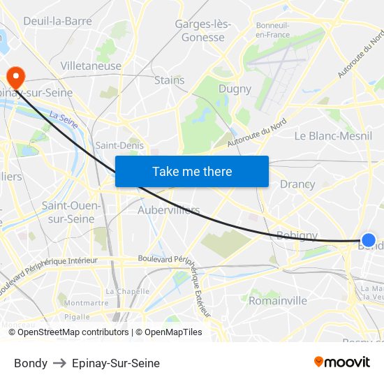 Bondy to Epinay-Sur-Seine map