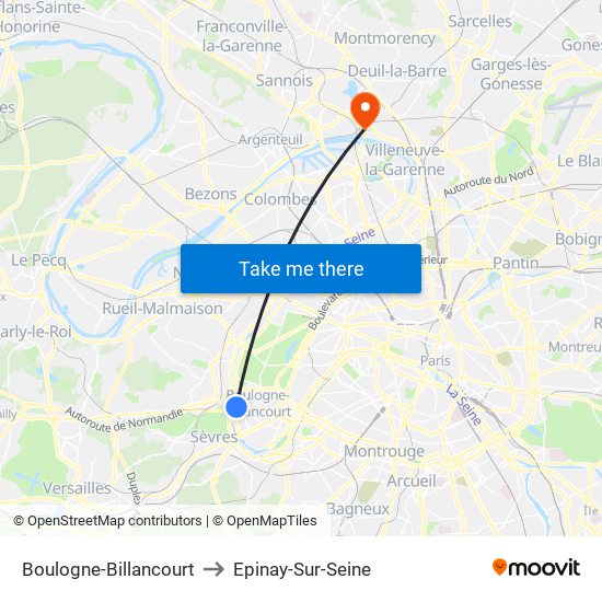 Boulogne-Billancourt to Epinay-Sur-Seine map