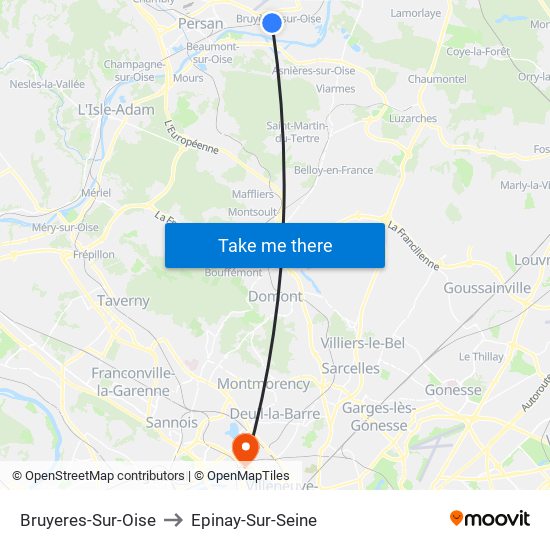 Bruyeres-Sur-Oise to Epinay-Sur-Seine map
