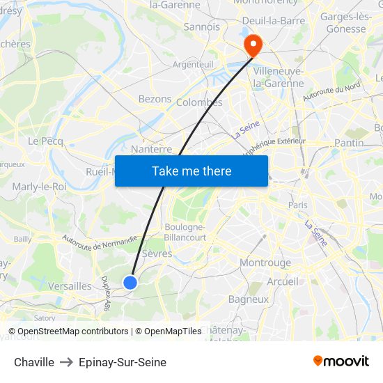Chaville to Epinay-Sur-Seine map