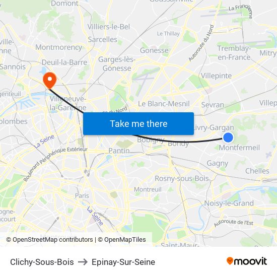 Clichy-Sous-Bois to Epinay-Sur-Seine map