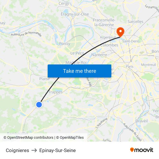 Coignieres to Epinay-Sur-Seine map