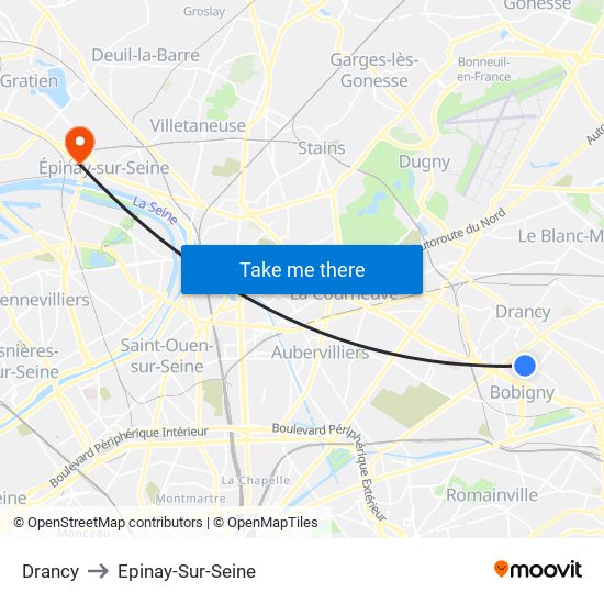 Drancy to Epinay-Sur-Seine map