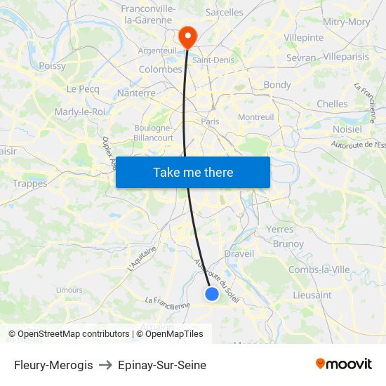 Fleury-Merogis to Epinay-Sur-Seine map