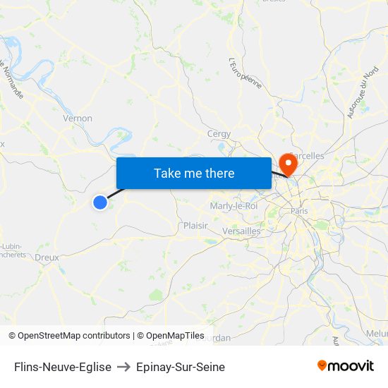 Flins-Neuve-Eglise to Epinay-Sur-Seine map