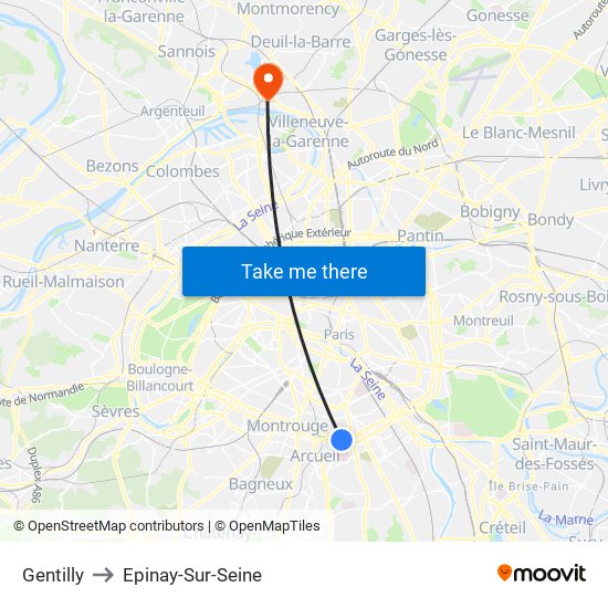 Gentilly to Epinay-Sur-Seine map