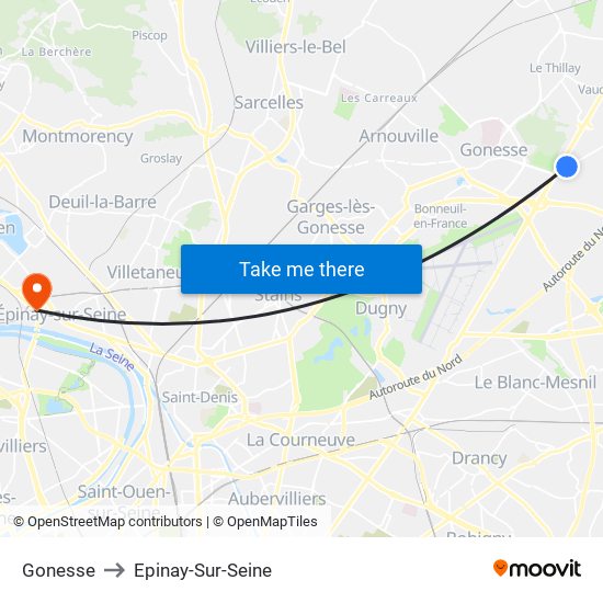 Gonesse to Epinay-Sur-Seine map