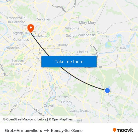 Gretz-Armainvilliers to Epinay-Sur-Seine map
