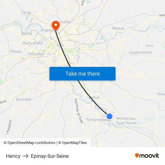 Hericy to Epinay-Sur-Seine map