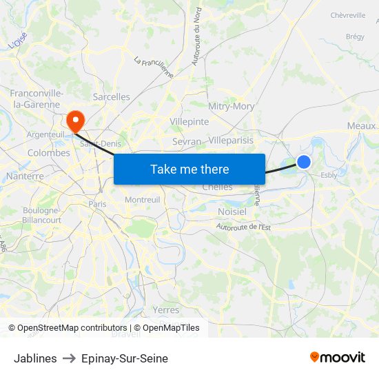 Jablines to Epinay-Sur-Seine map