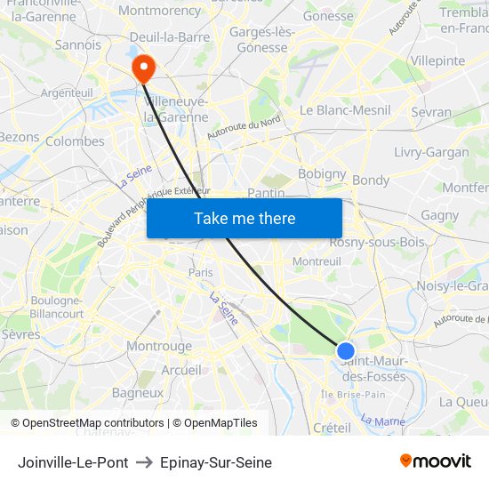 Joinville-Le-Pont to Epinay-Sur-Seine map