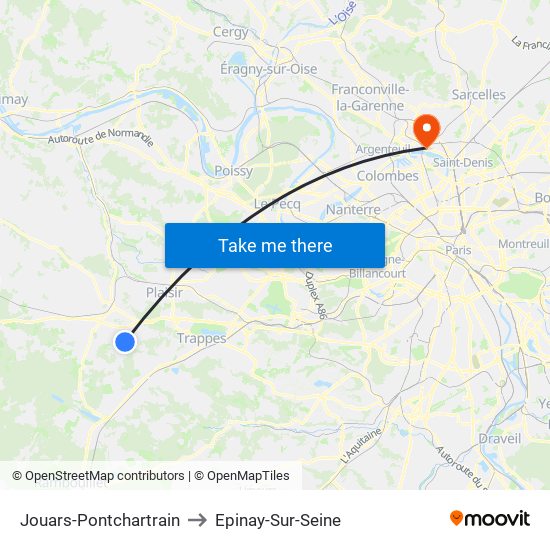 Jouars-Pontchartrain to Epinay-Sur-Seine map