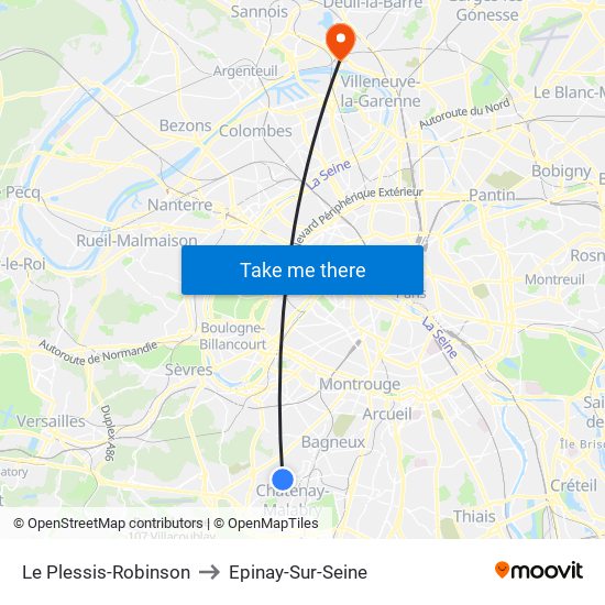 Le Plessis-Robinson to Epinay-Sur-Seine map