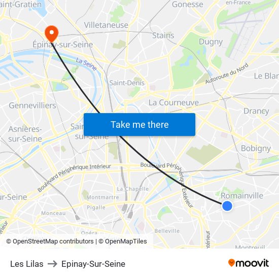 Les Lilas to Epinay-Sur-Seine map