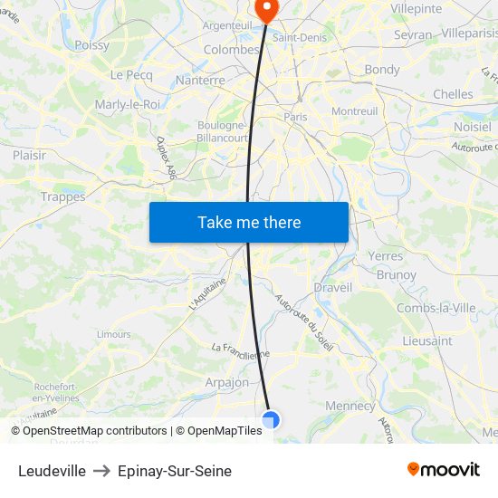 Leudeville to Epinay-Sur-Seine map
