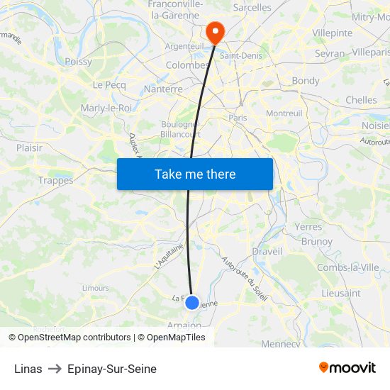 Linas to Epinay-Sur-Seine map