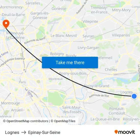 Lognes to Epinay-Sur-Seine map