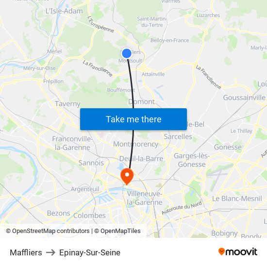 Maffliers to Epinay-Sur-Seine map