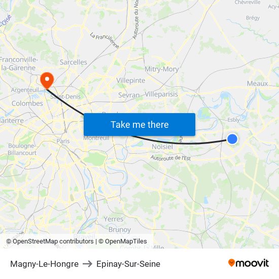 Magny-Le-Hongre to Epinay-Sur-Seine map