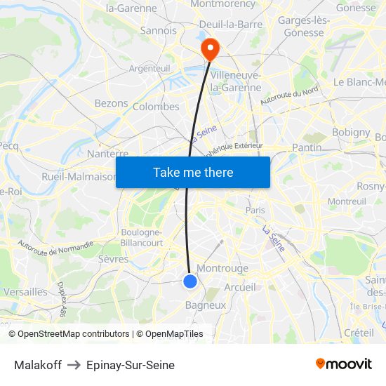 Malakoff to Epinay-Sur-Seine map