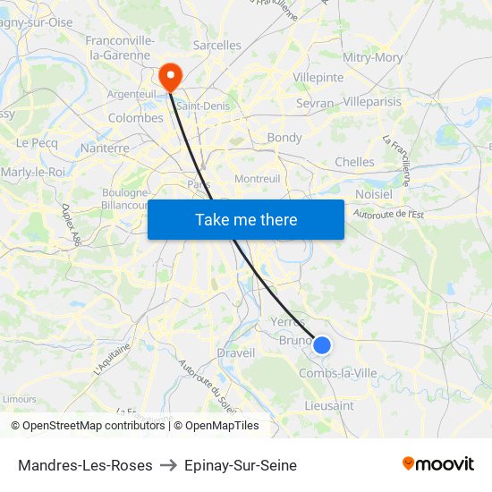 Mandres-Les-Roses to Epinay-Sur-Seine map