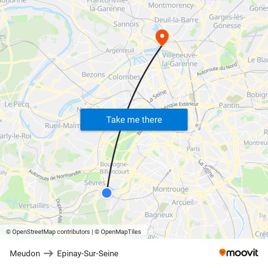 Meudon to Epinay-Sur-Seine map