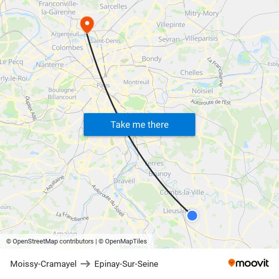 Moissy-Cramayel to Epinay-Sur-Seine map