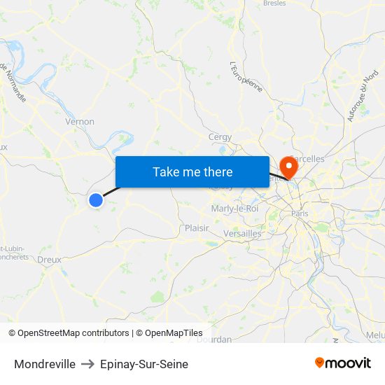 Mondreville to Epinay-Sur-Seine map