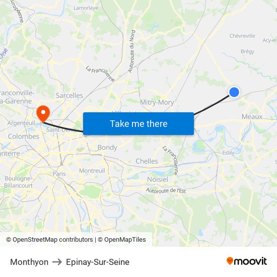 Monthyon to Epinay-Sur-Seine map