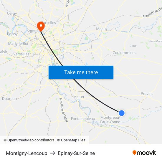 Montigny-Lencoup to Epinay-Sur-Seine map