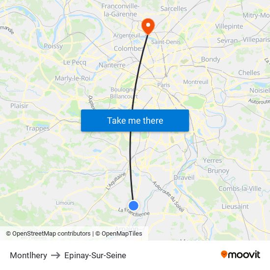 Montlhery to Epinay-Sur-Seine map