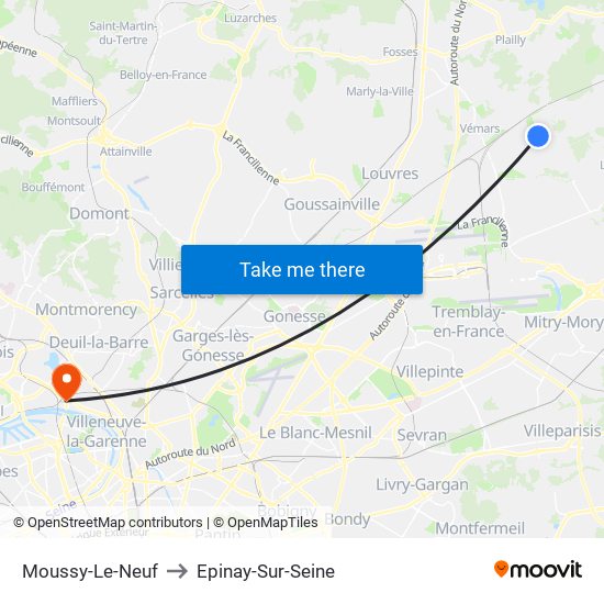 Moussy-Le-Neuf to Epinay-Sur-Seine map