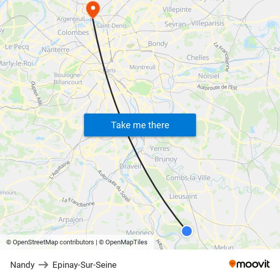 Nandy to Epinay-Sur-Seine map