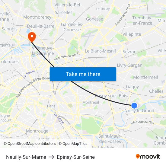 Neuilly-Sur-Marne to Epinay-Sur-Seine map