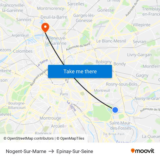 Nogent-Sur-Marne to Epinay-Sur-Seine map