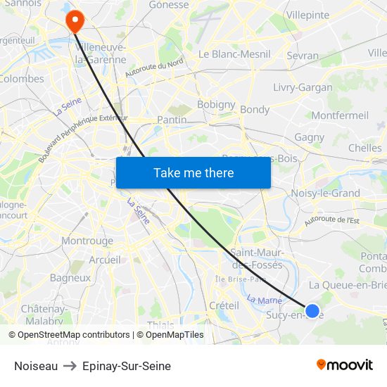 Noiseau to Epinay-Sur-Seine map