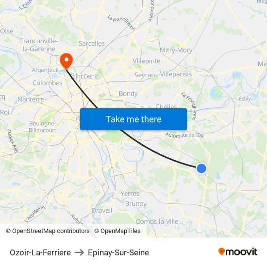 Ozoir-La-Ferriere to Epinay-Sur-Seine map