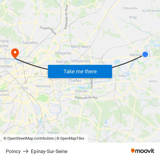 Poincy to Epinay-Sur-Seine map