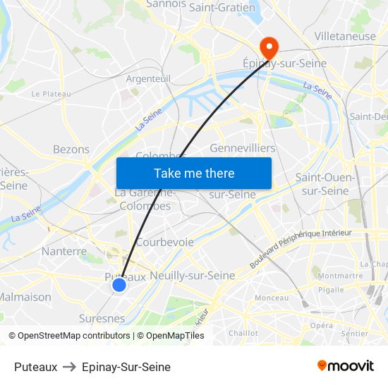 Puteaux to Epinay-Sur-Seine map