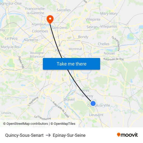 Quincy-Sous-Senart to Epinay-Sur-Seine map