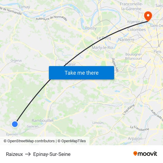 Raizeux to Epinay-Sur-Seine map